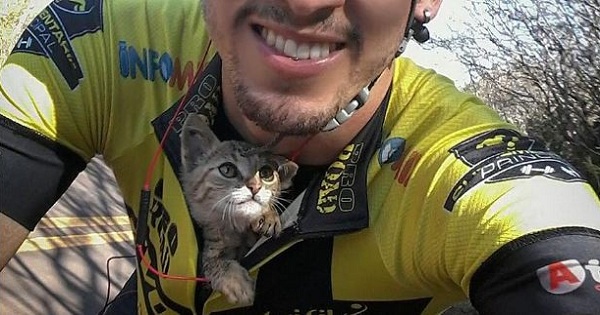 Cyclist Rescued Lonely Kitten On The Roadside, She Didn`t Stop Kissing Him All The Way To Her New Home...
